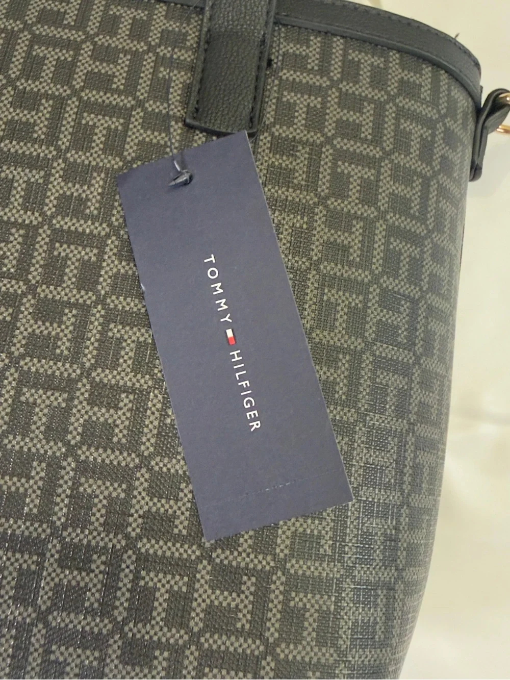 Tommy Hilfiger Black and Gray Monogram Tote with Center Stripe
